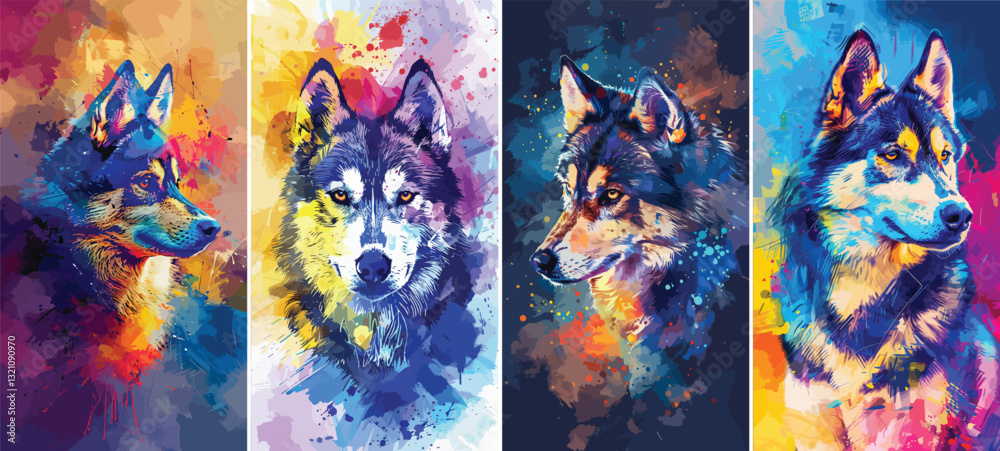 Obraz premium Wolf Portraits Vector Illustration with Colorful Splashes