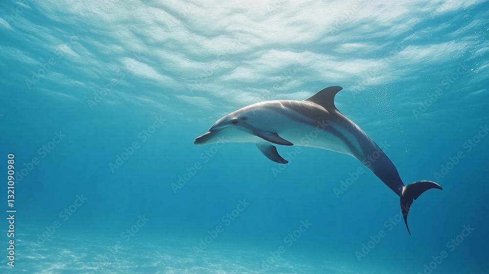 Fototapeta premium Elegant dolphin gracefully swims underwater, sunlight filtering through the water above