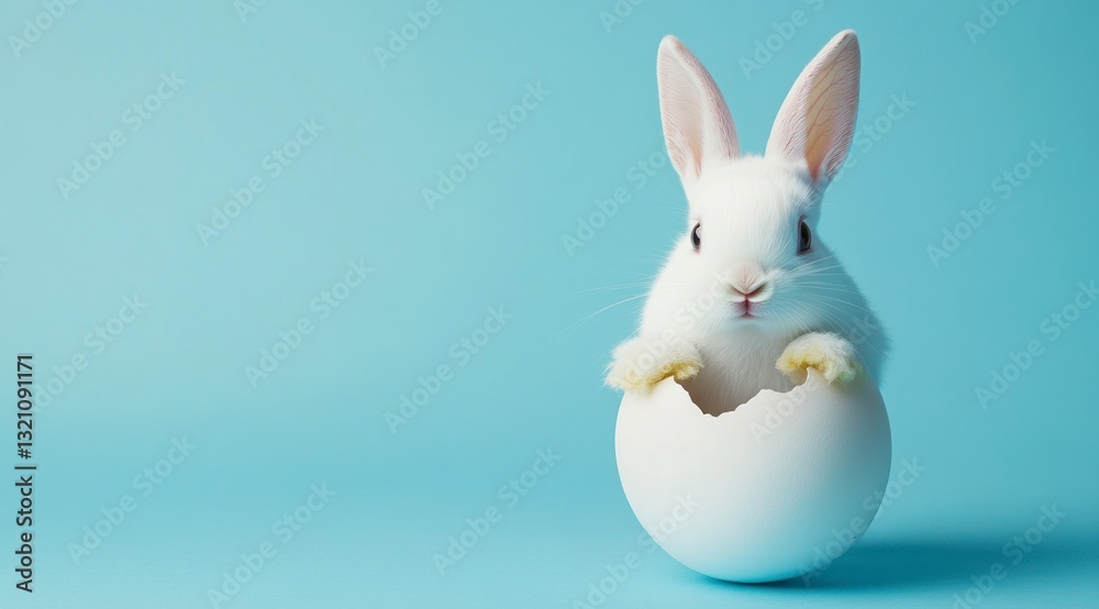Obraz premium Cute Easter Bunny Hatching From Egg on Pastel Blue Background