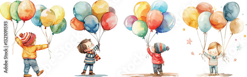 Watercolor Children with Balloons Vector Illustration on White Background