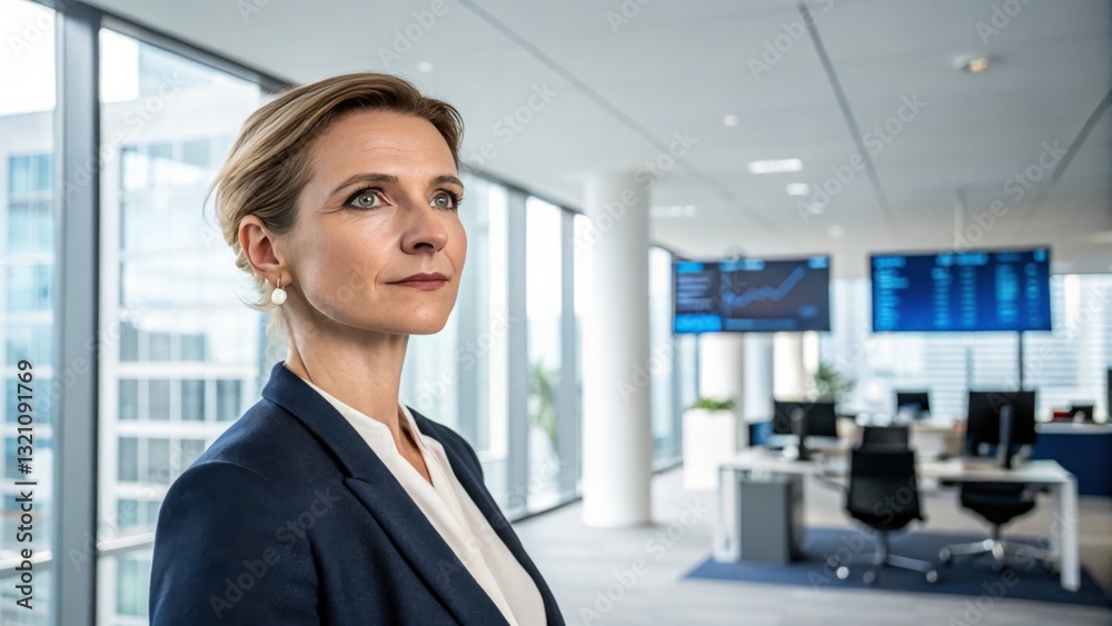 Confident Businesswoman in Modern Office with Financial Data on Screens Confident Businesswoman in Modern Office with Financial Data on Screens