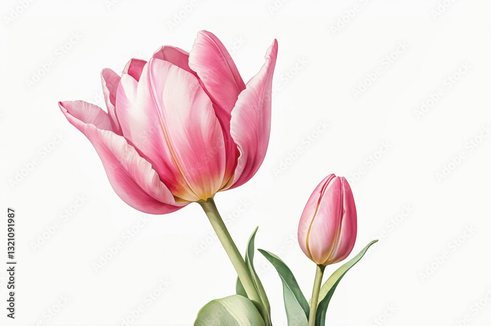 Watercolor illustration of a delicate open pink tulip flower on a white background. Clip art of spring flowers. Watercolor illustration of a delicate open pink tulip flower on a white background. Clip art of spring flowers.