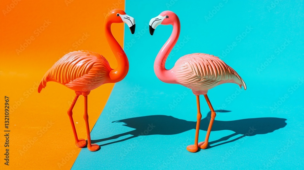 Fototapeta premium Two flamingo toys on a vibrant orange and blue background, radiating joy and optimism.