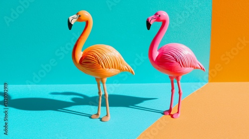 Two flamingo toys on a vibrant orange and blue background, radiating joy and optimism.