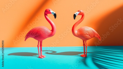 Two flamingo toys on a vibrant orange and blue background, radiating joy and optimism.