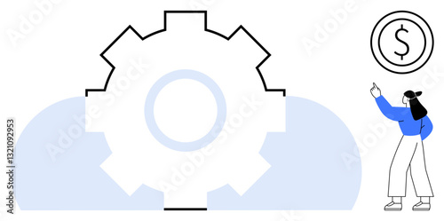 Woman gesturing towards dollar icon beside oversized gear, implying financial growth and system efficiency. Ideal for finance, strategy, business optimization, mechanics, innovation, teamwork