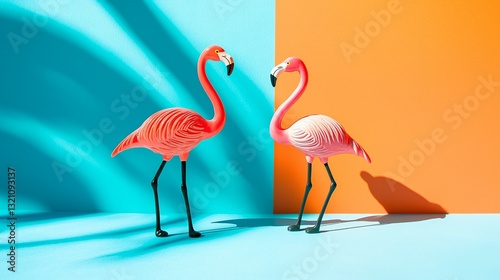 Two flamingo toys on a vibrant orange and blue background, radiating joy and optimism.