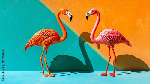 Two flamingo toys on a vibrant orange and blue background, radiating joy and optimism.