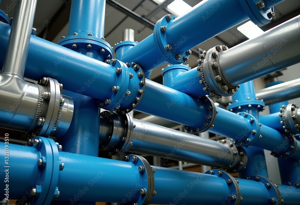 Intricate Piping System: Low Angle View of Blue and Silver Metallic Industrial Pipes, High Detail Studio Shot Perfect for Engineering, Mechanical, and Industrial Applications.
Intricate Piping System: Low Angle View of Blue and Silver Metallic Industrial Pipes, High Detail Studio Shot Perfect for Engineering, Mechanical, and Industrial Applications.