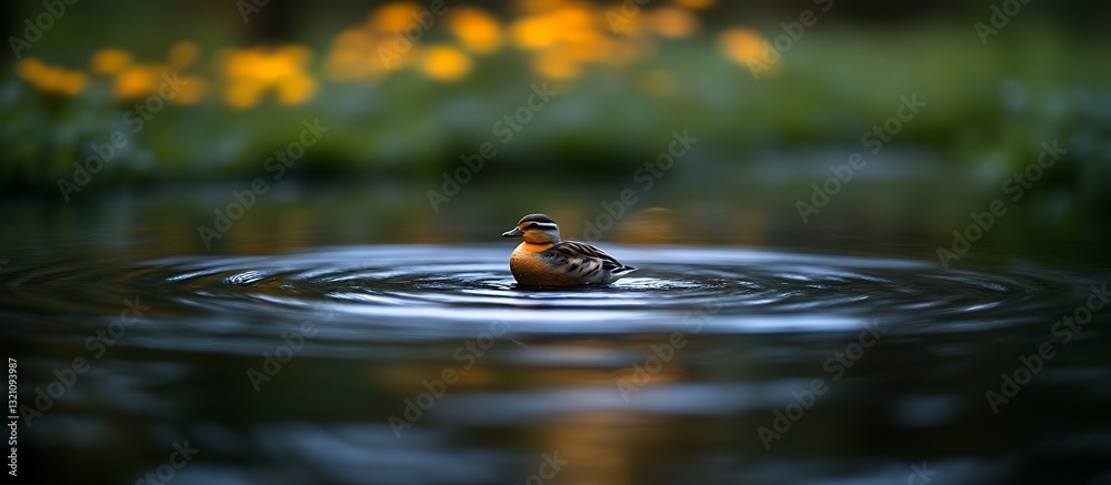 Fototapeta premium Duck Swimming Peacefully in Pond Creating Ripples on Water Surface