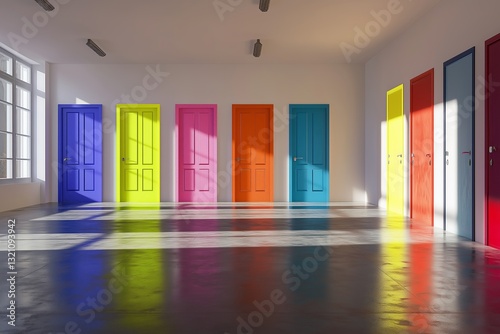 Many colorful doors in room. Concept of choice