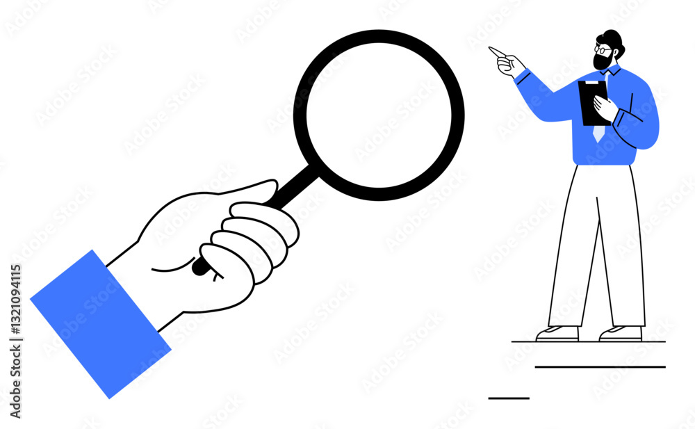 Hand holding a magnifying glass facing a man pointing with clipboard. Ideal for research, analysis, focus, review, leadership, strategy, problem-solving. Flat simple metaphor