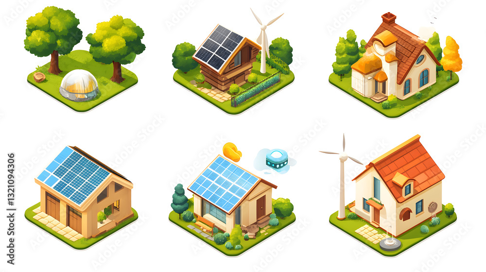 Fototapeta premium Set of eco-architecture symbols representing solar energy, wind power, and sustainable building designs for energy efficiency.
