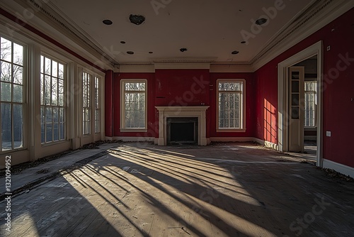 Abandoned House Interior Dusty, Dilapidated Floor and Red Walls