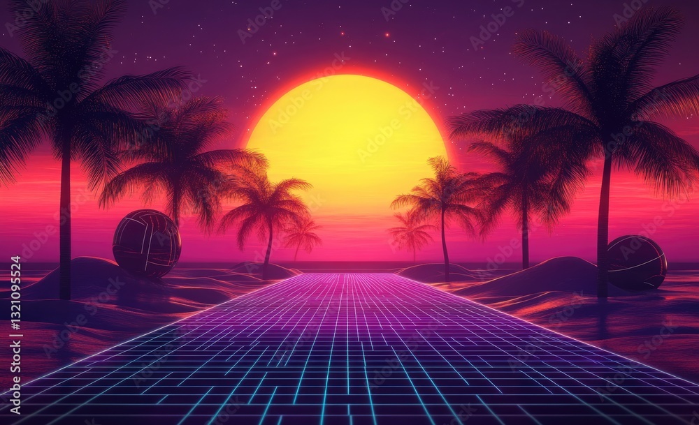 Fototapeta premium Retrofuturistic Sunset Beachscape