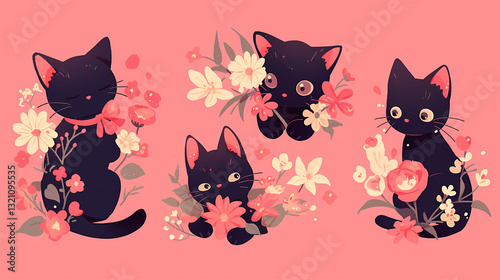 Four playful black cats surrounded by colorful flowers on a pink background, showcasing their charm