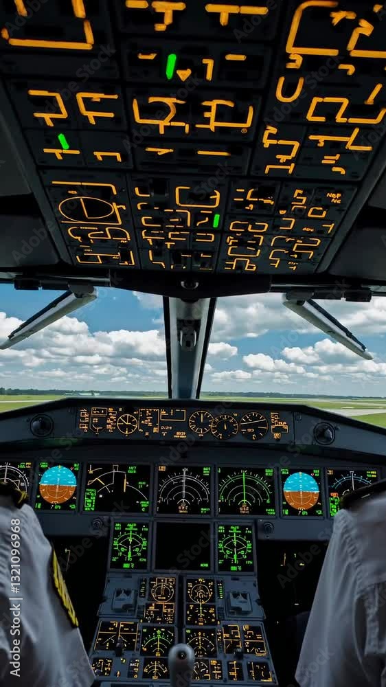 Cockpit view of airplane control panel during daytime flight over scenic landscape