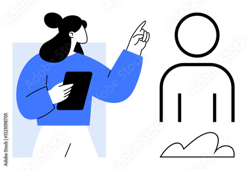 Woman holding tablet and pointing to outlined human figure, symbolizing teamwork, creativity, leadership, ideas. Ideal for innovation, collaboration, education, planning community communication