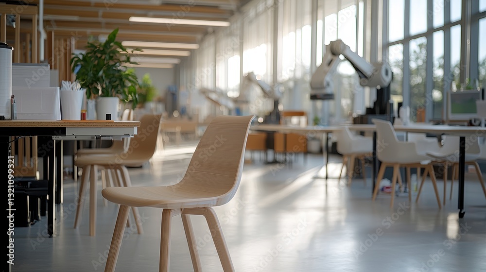 Modern Workspace Featuring Minimalist Wooden Chairs and Advanced Robotic Arms in Bright, Open Office Environment Modern Workspace Featuring Minimalist Wooden Chairs and Advanced Robotic Arms in Bright, Open Office Environment