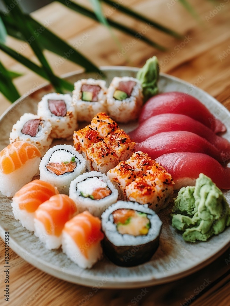 Deliciously arranged sushi platter featuring spicy tuna, nigiri, and various rolls on a wooden table Deliciously arranged sushi platter featuring spicy tuna, nigiri, and various rolls on a wooden table