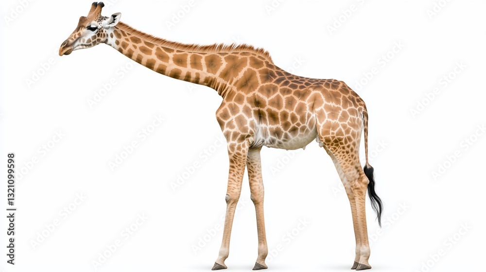 Naklejka premium Giraffe standing, profile view, on white background