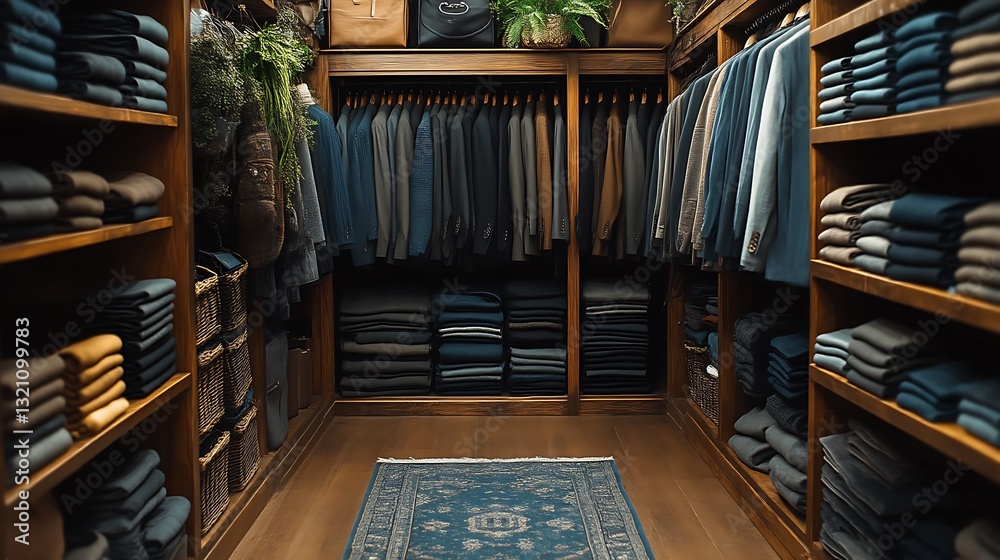 Fototapeta premium Elegant Walk-in Closet Design with Organized Clothing and Stylish Decor