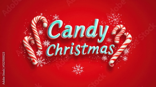 Candy Christmas in retro style with candy canes and snowflakes file for graphic design on red background 3d text effect highly detailed digital art 2D flat illustration text is made of candy