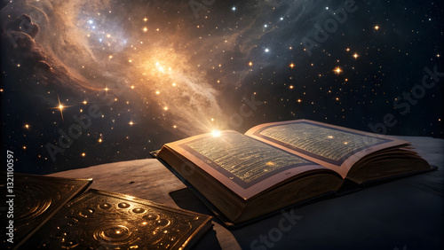 Mystical Space of Time and Dimensions with Golden Light Cosmic Book. Perfect for: Spiritual gatherings, cosmic events