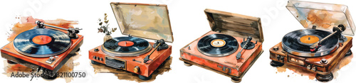 Retro Turntable Vector Illustration Set, Watercolor Style
