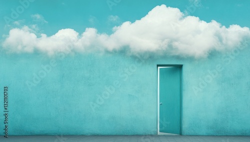 Open door in teal wall with clouds, dreams, possibility