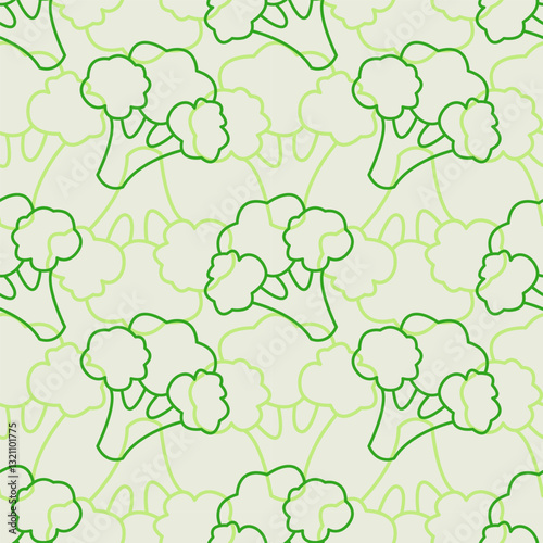 Pattern of ripe broccoli vegetables, healthy food, eco bio concept, vegan, broccoli outline drawing. Healthy atmosphere. Packaging, wallpaper, wrapper, background. Vector illustration