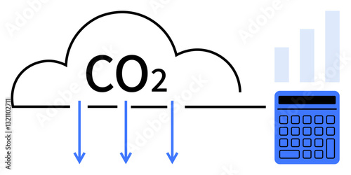 CO2 emphasized within a cloud, blue arrows indicating reduction, calculator with bar chart denoting analytics. Ideal for carbon tracking, sustainability, environment, data analysis, eco-conscious