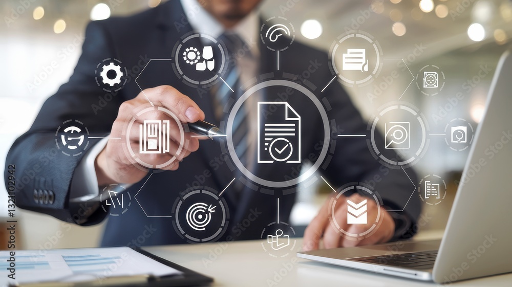 Fototapeta premium Businessman working on digital document management system, using a laptop and a pen to interact with a holographic interface showing various business process automation and document workflow icons.