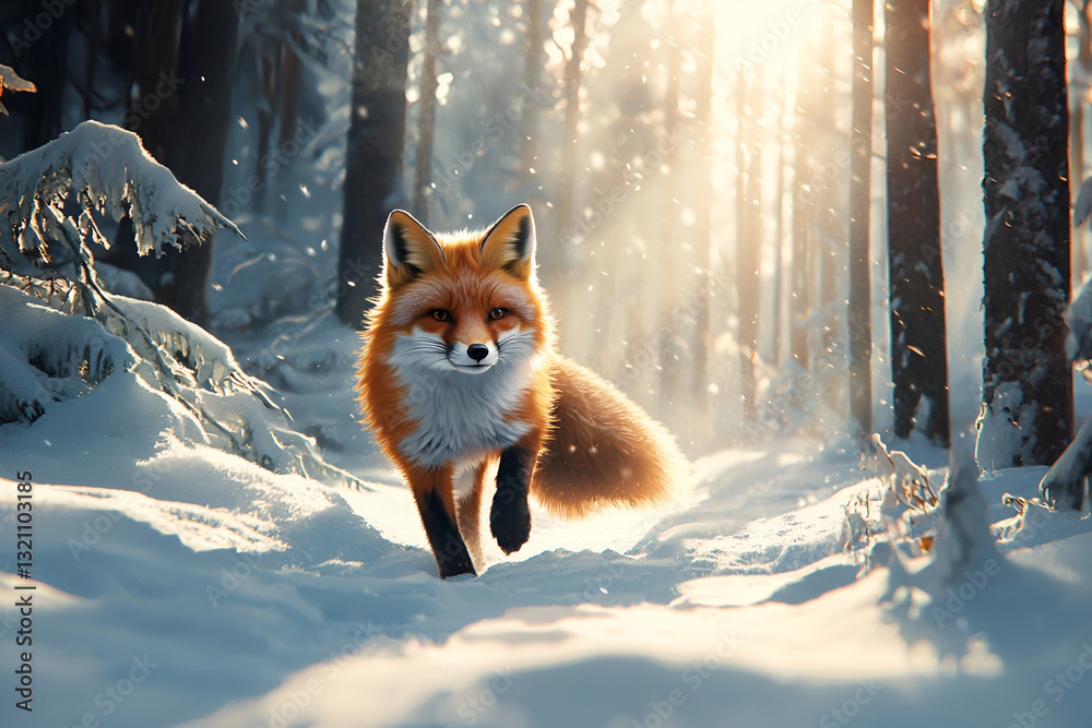 Obraz premium Red fox in sunlit snowy forest, wildlife