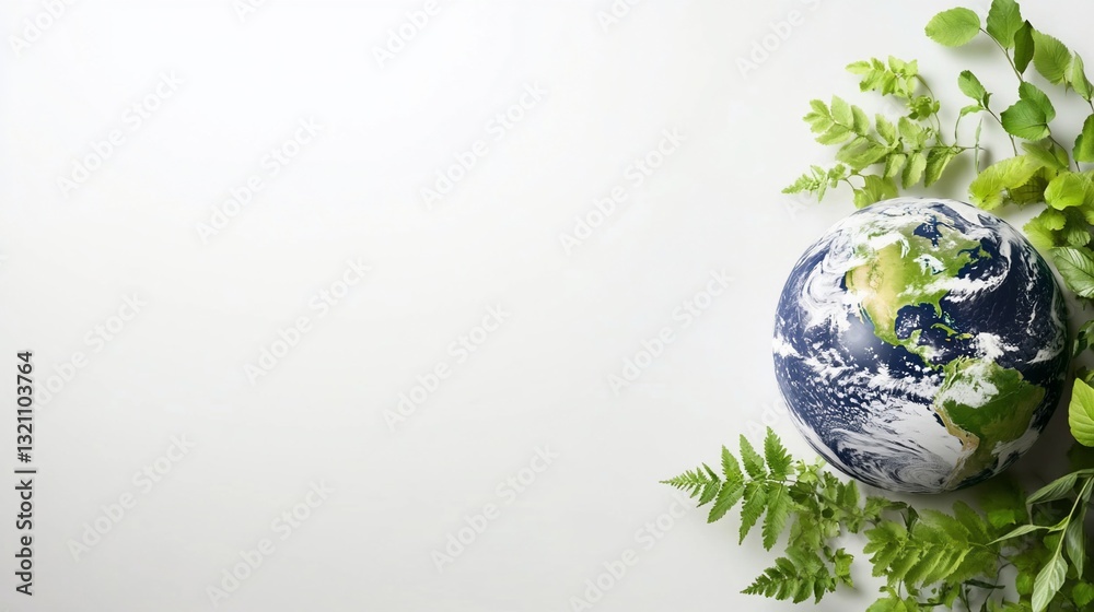 Green leaves surround a globe on a white background Green leaves surround a globe on a white background