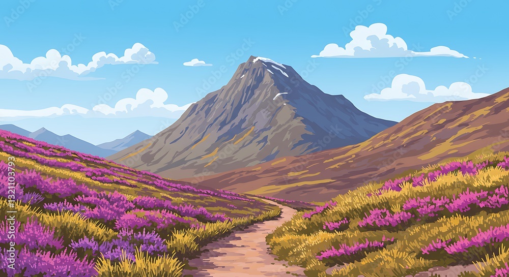 Naklejka premium Hiking Trail Leading to Mountain Peak with Heather Flowers Landscape