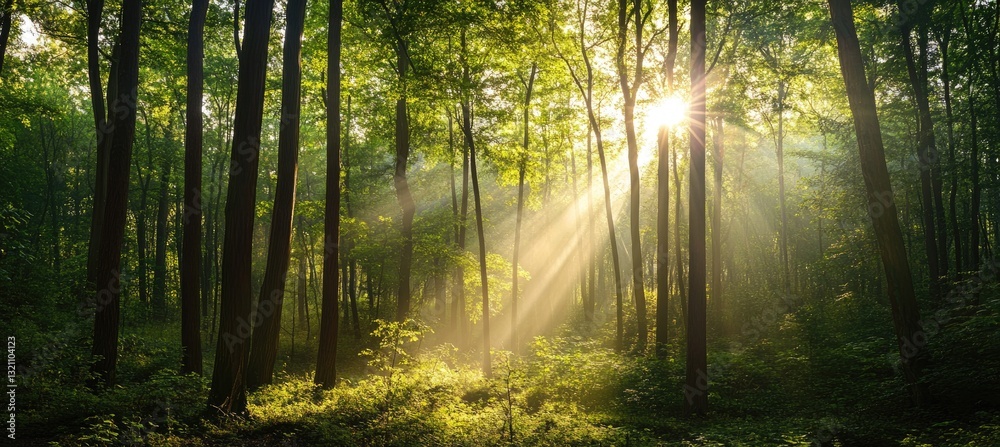 Fototapeta premium Sunbeams Piercing a Lush Forest