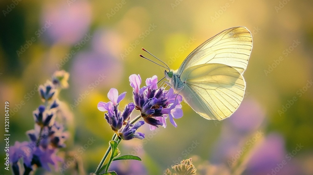Naklejka premium White butterfly on lavender in sunlight.
