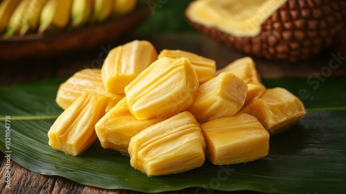 Photography of freshly cut jackfruit pieces neatly arranged on a banana leaf