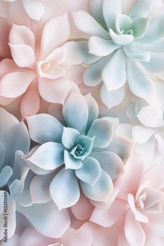 A collection of plump succulent leaves in soothing shades of dusty blue, sage green, and blush pink, all set against a textured beige background A collection of plump succulent leaves in soothing shades of dusty blue, sage green, and blush pink, all set against a textured beige background