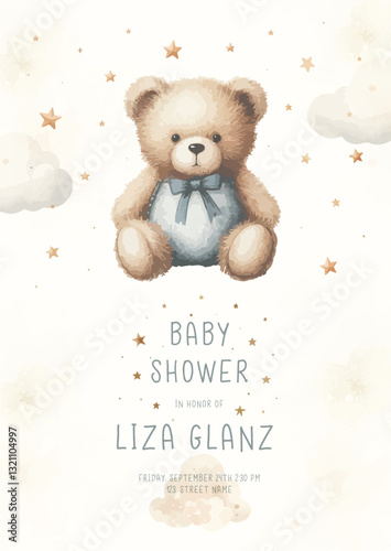 Cute baby shower watercolor invitation card for new born celebration. With plush toy teddy bear, clouds and stars.
