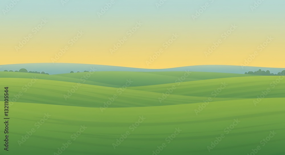 Fototapeta premium Rolling Green Hills Landscape with Yellow Sky Background Vector Illustration