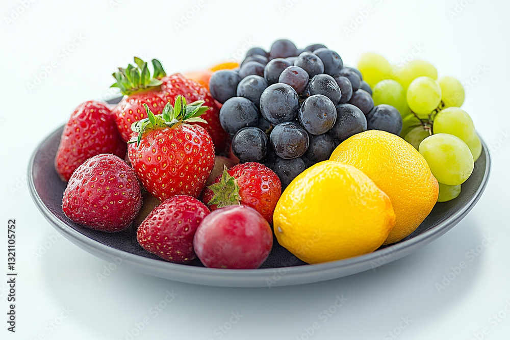 Fresh summer fruit platter with strawberries grapes and lemons red food ripe diet plate juicy sweet Fresh summer fruit platter with strawberries grapes and lemons red food ripe diet plate juicy sweet