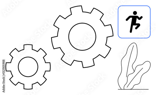 Two outlined gears represent teamwork and mechanisms, paired with a figure in motion symbolizing progress and energy. Plant accent conveys balance. Ideal for business, productivity, innovation