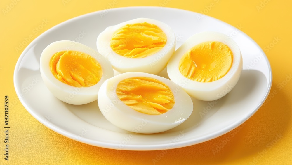 Sliced hard boiled eggs on white plate with vibrant yellow yolk Sliced hard boiled eggs on white plate with vibrant yellow yolk