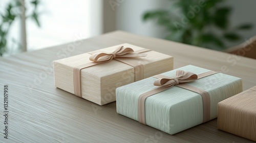 Elegant Japanese-style gift boxes wrapped beautifully for special occasions photo