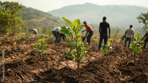 Reforestation efforts with tree planting in deforested areas for environmental conservation photo