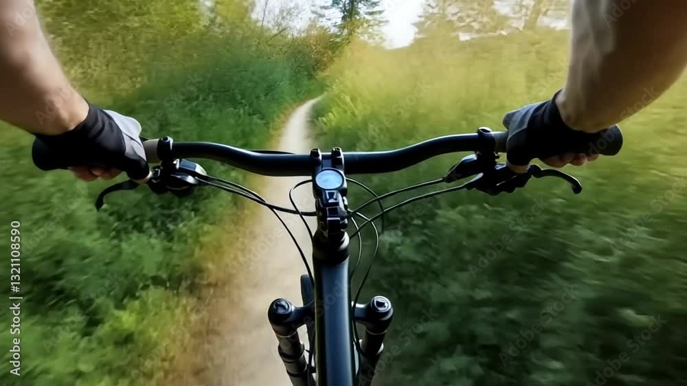 Immersive first-person view of mountain biking through sunlit trails and nature