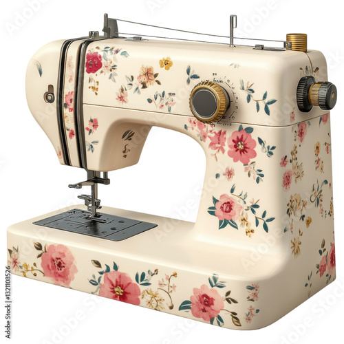 vintage sewing machine with floral design and decorative elements. Clipart Photo isolated on transparency background