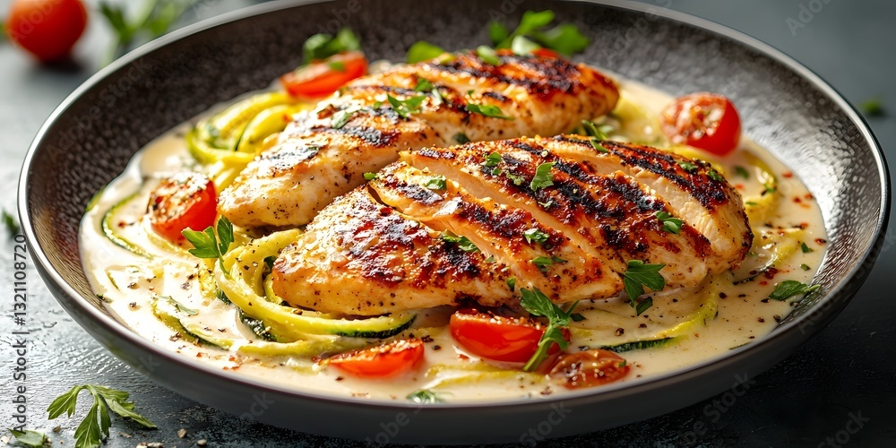 Grilled Chicken with Creamy Zucchini Noodle Alfredo in Elegant Plating Grilled Chicken with Creamy Zucchini Noodle Alfredo in Elegant Plating